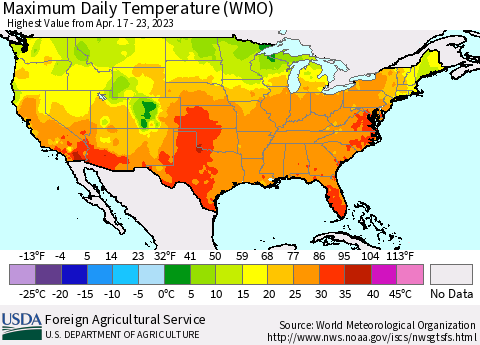 United States Maximum Daily Temperature (WMO) Thematic Map For 4/17/2023 - 4/23/2023
