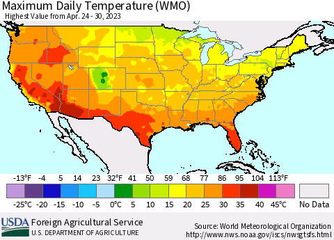 United States Maximum Daily Temperature (WMO) Thematic Map For 4/24/2023 - 4/30/2023