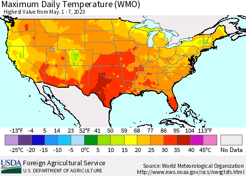 United States Maximum Daily Temperature (WMO) Thematic Map For 5/1/2023 - 5/7/2023