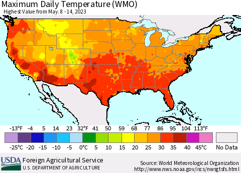 United States Maximum Daily Temperature (WMO) Thematic Map For 5/8/2023 - 5/14/2023