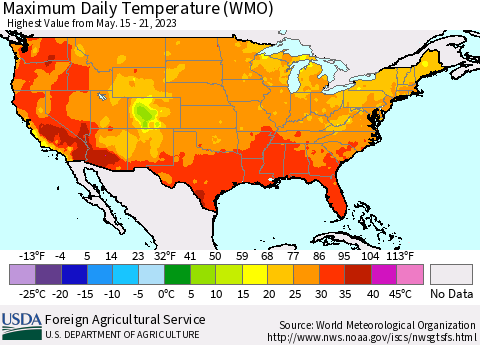 United States Maximum Daily Temperature (WMO) Thematic Map For 5/15/2023 - 5/21/2023