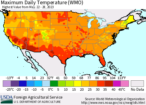 United States Maximum Daily Temperature (WMO) Thematic Map For 5/22/2023 - 5/28/2023