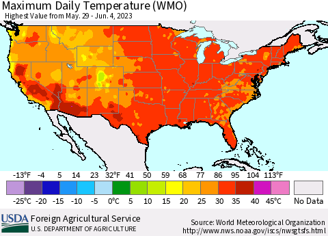 United States Maximum Daily Temperature (WMO) Thematic Map For 5/29/2023 - 6/4/2023