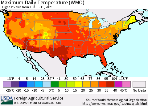 United States Maximum Daily Temperature (WMO) Thematic Map For 6/5/2023 - 6/11/2023