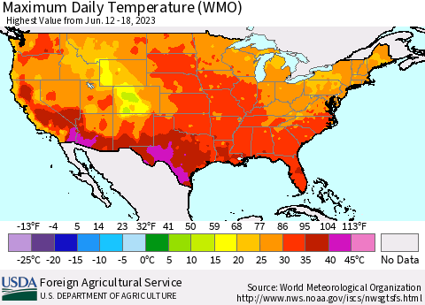 United States Maximum Daily Temperature (WMO) Thematic Map For 6/12/2023 - 6/18/2023