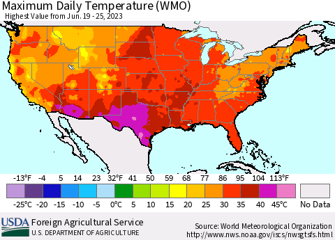 United States Maximum Daily Temperature (WMO) Thematic Map For 6/19/2023 - 6/25/2023