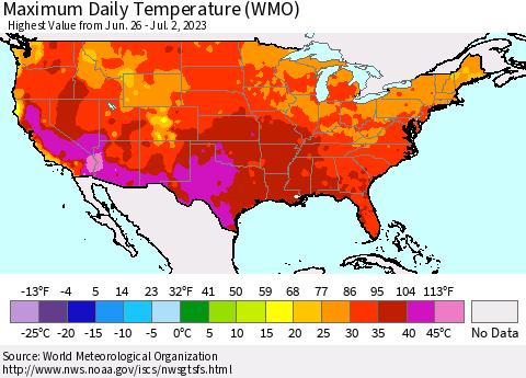 United States Maximum Daily Temperature (WMO) Thematic Map For 6/26/2023 - 7/2/2023