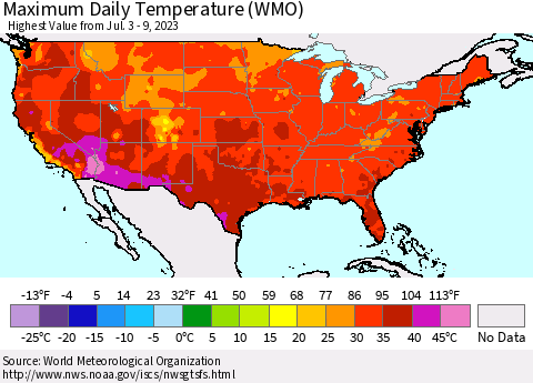 United States Maximum Daily Temperature (WMO) Thematic Map For 7/3/2023 - 7/9/2023