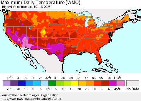 United States Maximum Daily Temperature (WMO) Thematic Map For 7/10/2023 - 7/16/2023