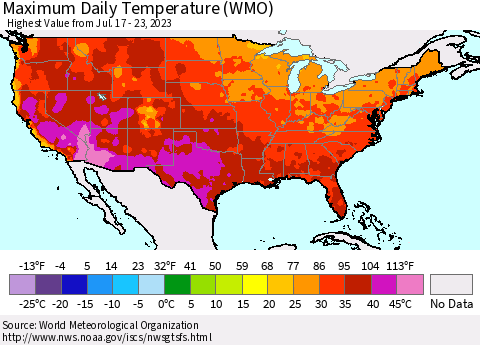 United States Maximum Daily Temperature (WMO) Thematic Map For 7/17/2023 - 7/23/2023