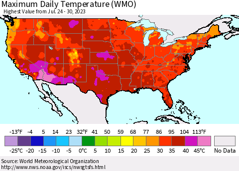 United States Maximum Daily Temperature (WMO) Thematic Map For 7/24/2023 - 7/30/2023