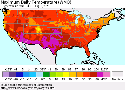 United States Maximum Daily Temperature (WMO) Thematic Map For 7/31/2023 - 8/6/2023