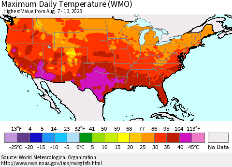 United States Maximum Daily Temperature (WMO) Thematic Map For 8/7/2023 - 8/13/2023