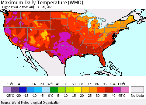 United States Maximum Daily Temperature (WMO) Thematic Map For 8/14/2023 - 8/20/2023