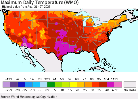 United States Maximum Daily Temperature (WMO) Thematic Map For 8/21/2023 - 8/27/2023