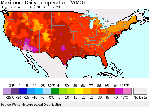 United States Maximum Daily Temperature (WMO) Thematic Map For 8/28/2023 - 9/3/2023
