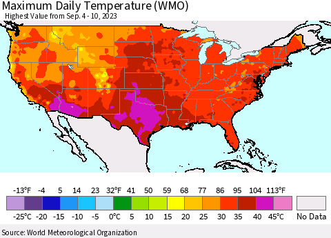 United States Maximum Daily Temperature (WMO) Thematic Map For 9/4/2023 - 9/10/2023