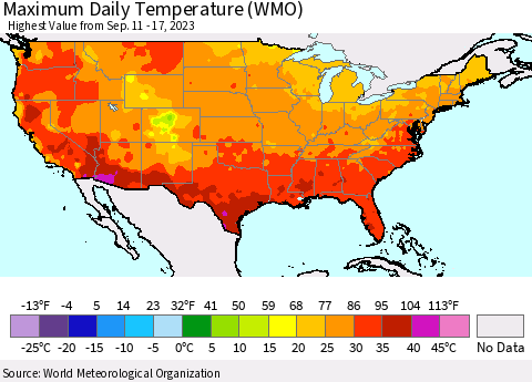 United States Maximum Daily Temperature (WMO) Thematic Map For 9/11/2023 - 9/17/2023