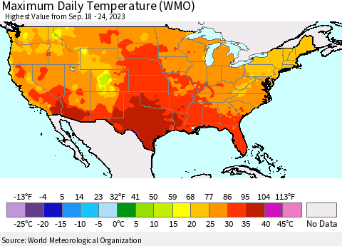 United States Maximum Daily Temperature (WMO) Thematic Map For 9/18/2023 - 9/24/2023