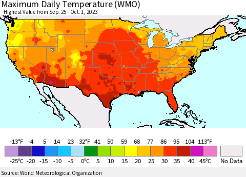 United States Maximum Daily Temperature (WMO) Thematic Map For 9/25/2023 - 10/1/2023