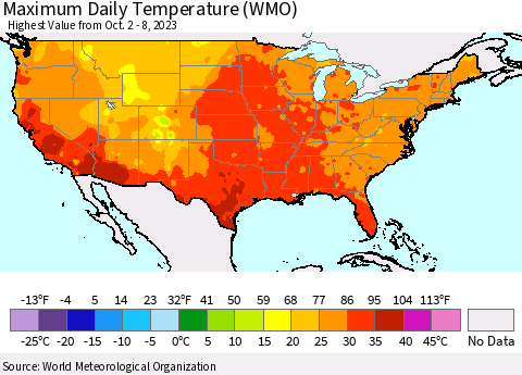 United States Maximum Daily Temperature (WMO) Thematic Map For 10/2/2023 - 10/8/2023