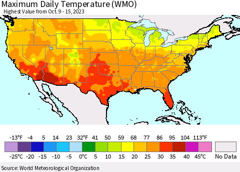 United States Maximum Daily Temperature (WMO) Thematic Map For 10/9/2023 - 10/15/2023
