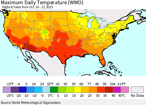 United States Maximum Daily Temperature (WMO) Thematic Map For 10/16/2023 - 10/22/2023
