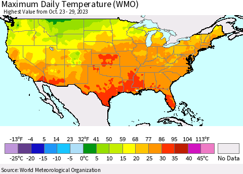 United States Maximum Daily Temperature (WMO) Thematic Map For 10/23/2023 - 10/29/2023