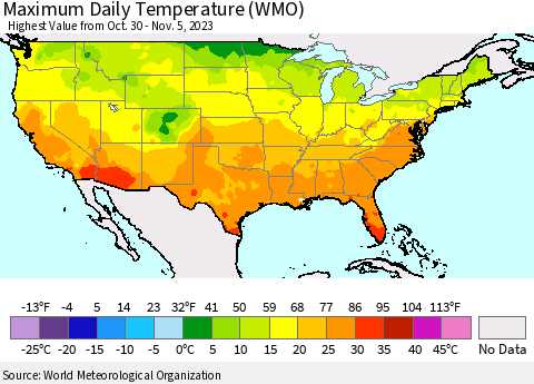 United States Maximum Daily Temperature (WMO) Thematic Map For 10/30/2023 - 11/5/2023