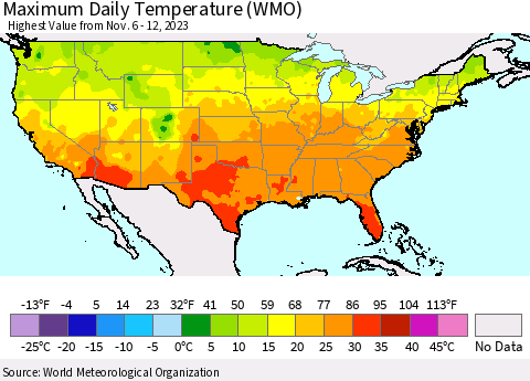 United States Maximum Daily Temperature (WMO) Thematic Map For 11/6/2023 - 11/12/2023