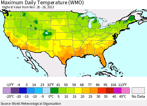 United States Maximum Daily Temperature (WMO) Thematic Map For 11/20/2023 - 11/26/2023