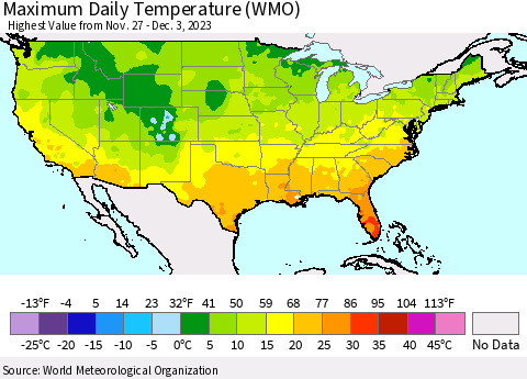 United States Maximum Daily Temperature (WMO) Thematic Map For 11/27/2023 - 12/3/2023