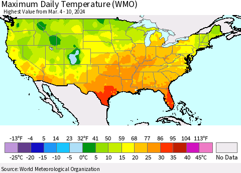 United States Maximum Daily Temperature (WMO) Thematic Map For 3/4/2024 - 3/10/2024