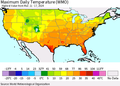 United States Maximum Daily Temperature (WMO) Thematic Map For 3/11/2024 - 3/17/2024
