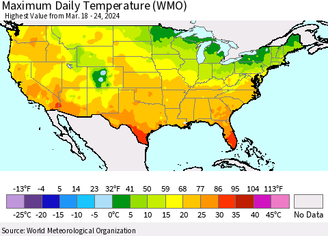 United States Maximum Daily Temperature (WMO) Thematic Map For 3/18/2024 - 3/24/2024