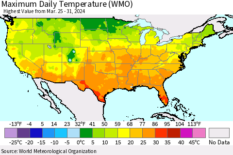 United States Maximum Daily Temperature (WMO) Thematic Map For 3/25/2024 - 3/31/2024