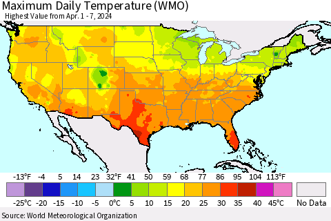 United States Maximum Daily Temperature (WMO) Thematic Map For 4/1/2024 - 4/7/2024