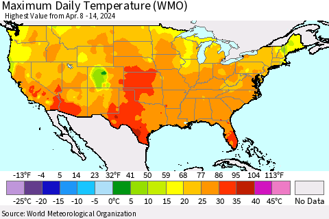 United States Maximum Daily Temperature (WMO) Thematic Map For 4/8/2024 - 4/14/2024