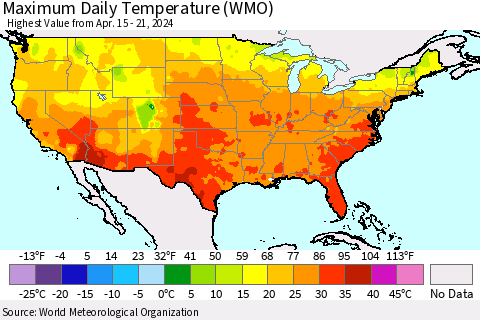 United States Maximum Daily Temperature (WMO) Thematic Map For 4/15/2024 - 4/21/2024