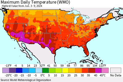 United States Maximum Daily Temperature (WMO) Thematic Map For 6/3/2024 - 6/9/2024