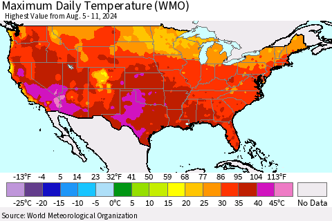 United States Maximum Daily Temperature (WMO) Thematic Map For 8/5/2024 - 8/11/2024