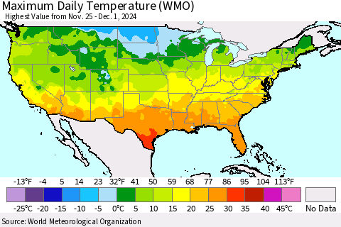 United States Maximum Daily Temperature (WMO) Thematic Map For 11/25/2024 - 12/1/2024