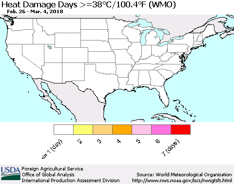 United States Heat Damage Days >=38°C/100°F (WMO) Thematic Map For 2/26/2018 - 3/4/2018