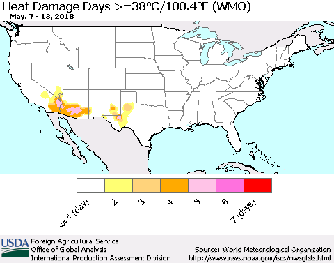 United States Heat Damage Days >=38°C/100°F (WMO) Thematic Map For 5/7/2018 - 5/13/2018