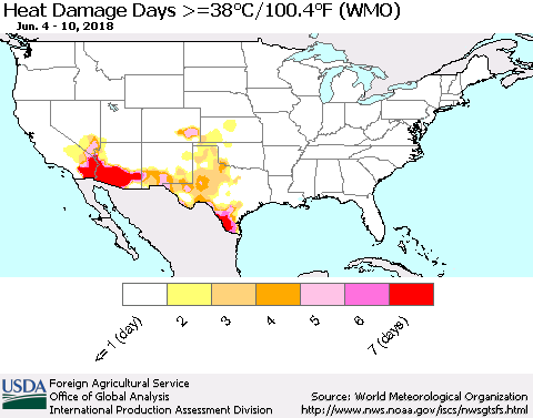 United States Heat Damage Days >=38°C/100°F (WMO) Thematic Map For 6/4/2018 - 6/10/2018