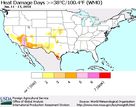 United States Heat Damage Days >=38°C/100°F (WMO) Thematic Map For 6/11/2018 - 6/17/2018