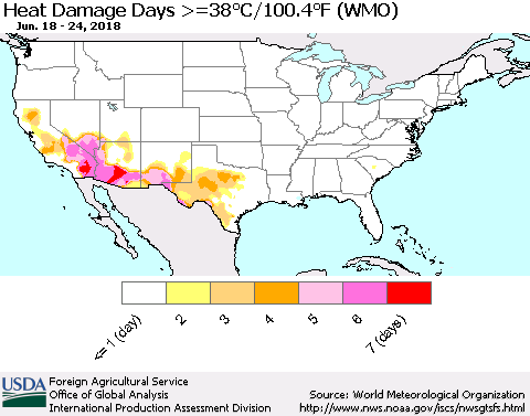 United States Heat Damage Days >=38°C/100°F (WMO) Thematic Map For 6/18/2018 - 6/24/2018