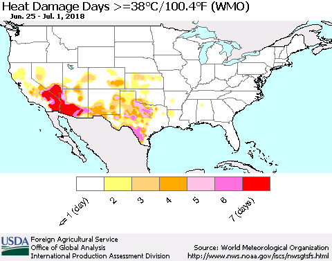 United States Heat Damage Days >=38°C/100°F (WMO) Thematic Map For 6/25/2018 - 7/1/2018
