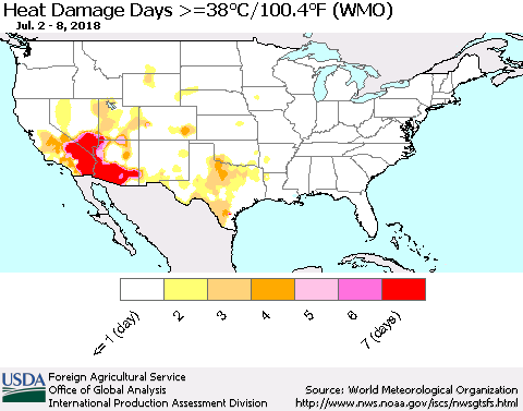 United States Heat Damage Days >=38°C/100°F (WMO) Thematic Map For 7/2/2018 - 7/8/2018