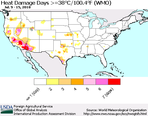 United States Heat Damage Days >=38°C/100°F (WMO) Thematic Map For 7/9/2018 - 7/15/2018